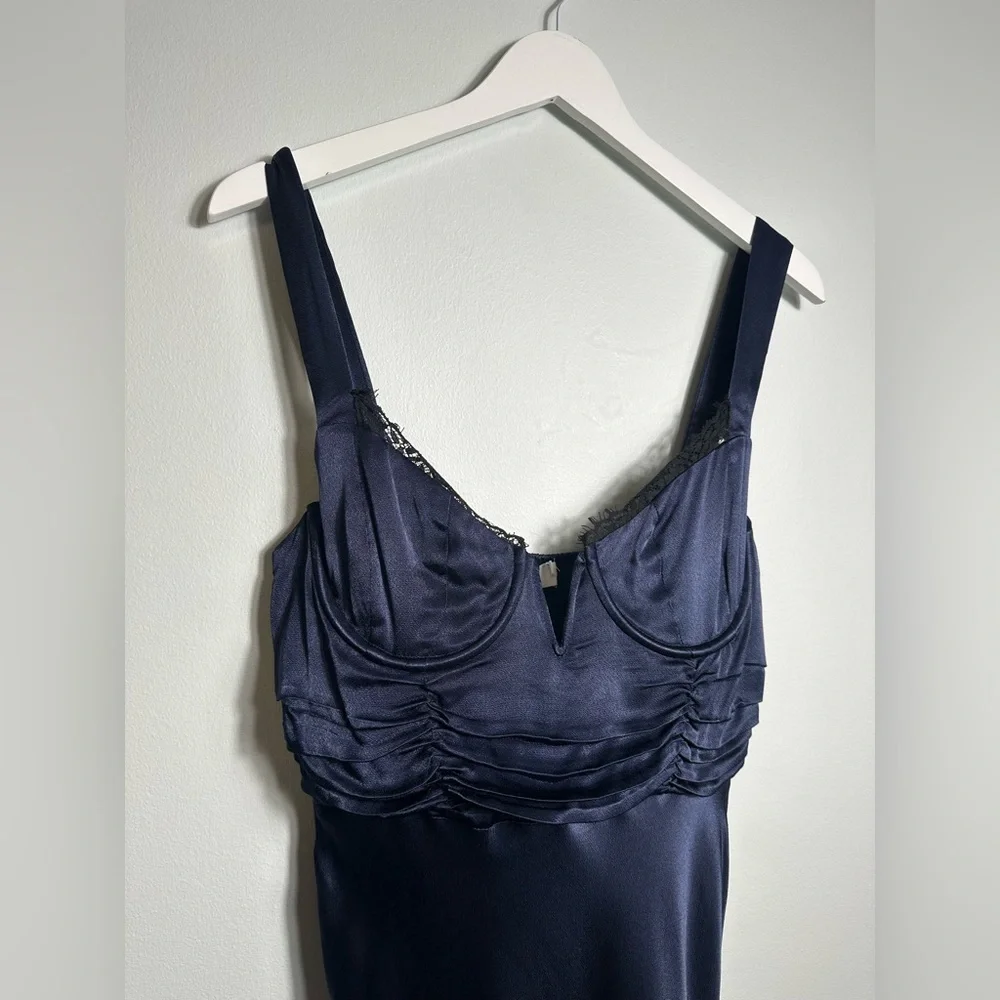 NEW Astr Aeris Satin Lace Trim Maxi Dress Navy Sz Medium Bustier Corset Feminine - Picture 10 of 17